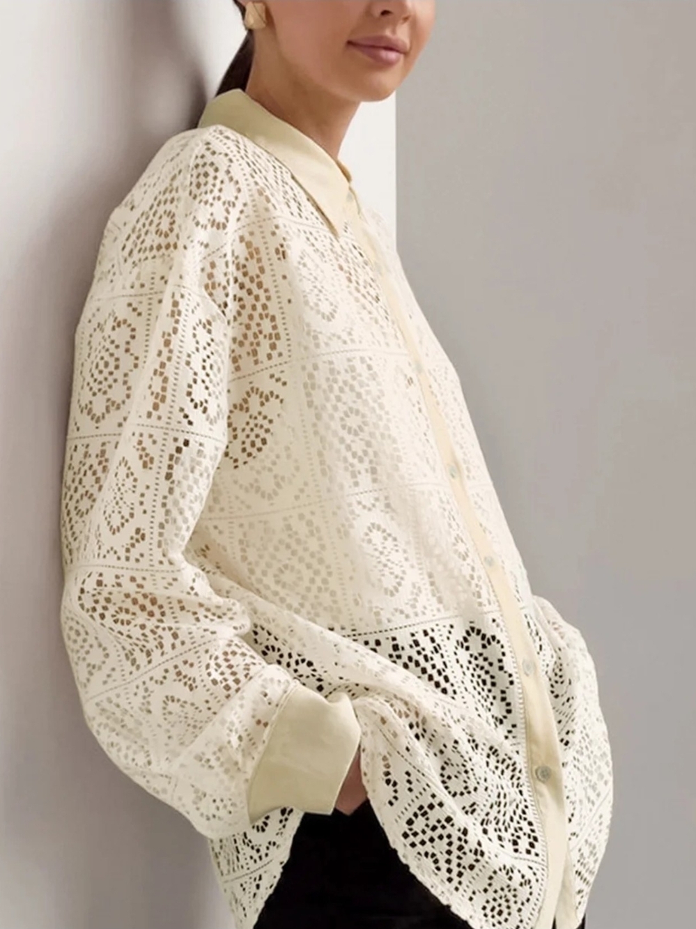 New - Oversized Cream Crochet Button-Down Shirt - Sheer Lace Panels